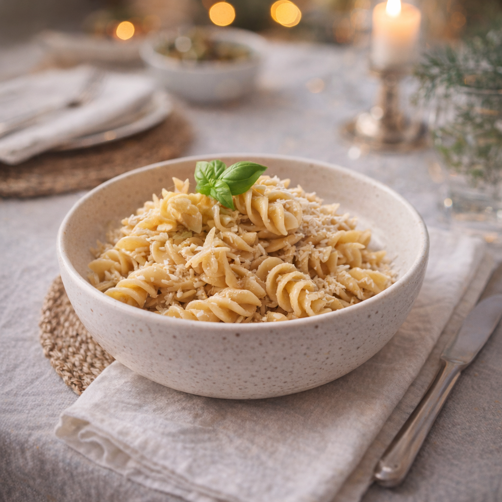 Bowl of pasta with a basil leaf on a table setting with a candle in the background